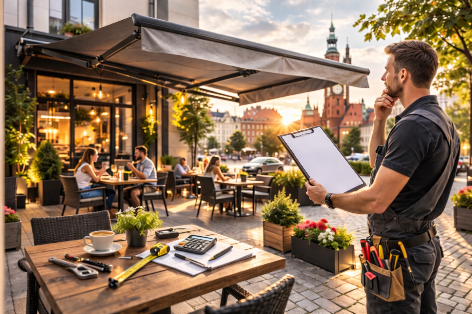 Technik sprawdzający mechanizm markizy przy ogródku gastronomicznym we Wrocławiu