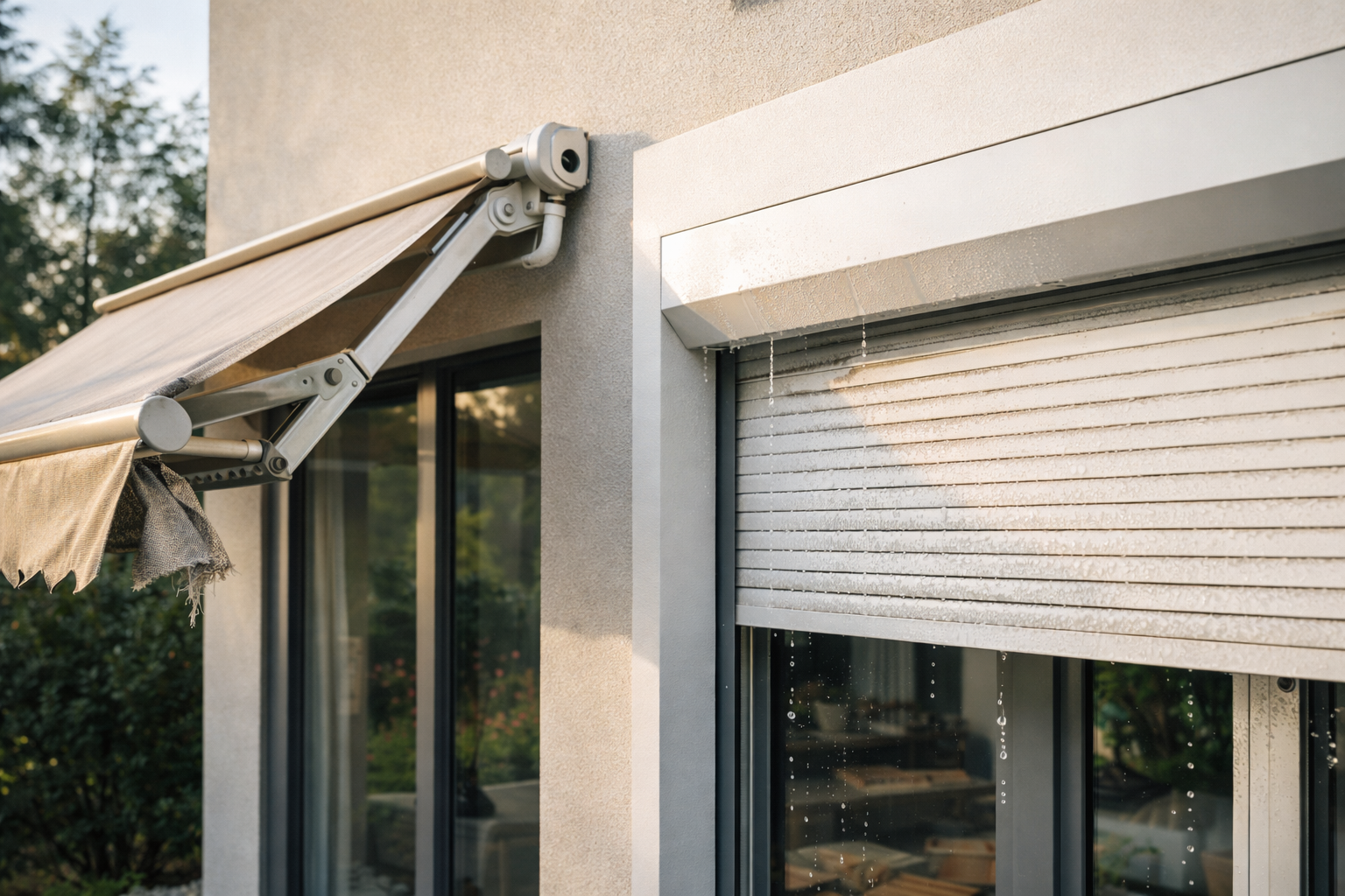 Rolety zewnętrzne i markiza po zimie oraz po silnym wietrze na elewacji domu jednorodzinnego